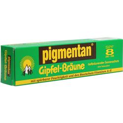 Grüne Verpackung einer Sonnencreme mit der Aufschrift "pigmentan Gipfel-Bräune".